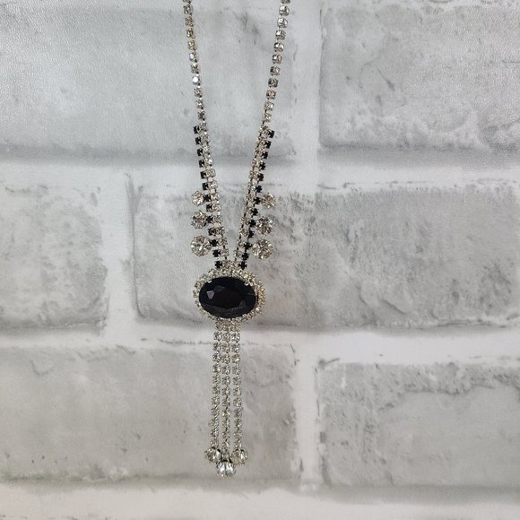 Vintage Y Drop Necklace Black Clear Faceted Rhinestone Crystal Fold Over Clasp - Picture 8 of 10